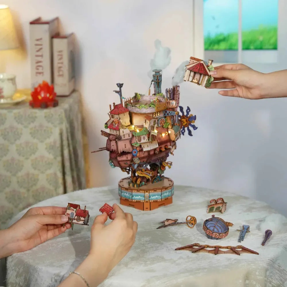 Walking Castle 3D Mechanical Wooden Puzzle Kit with LED Light & Music Box