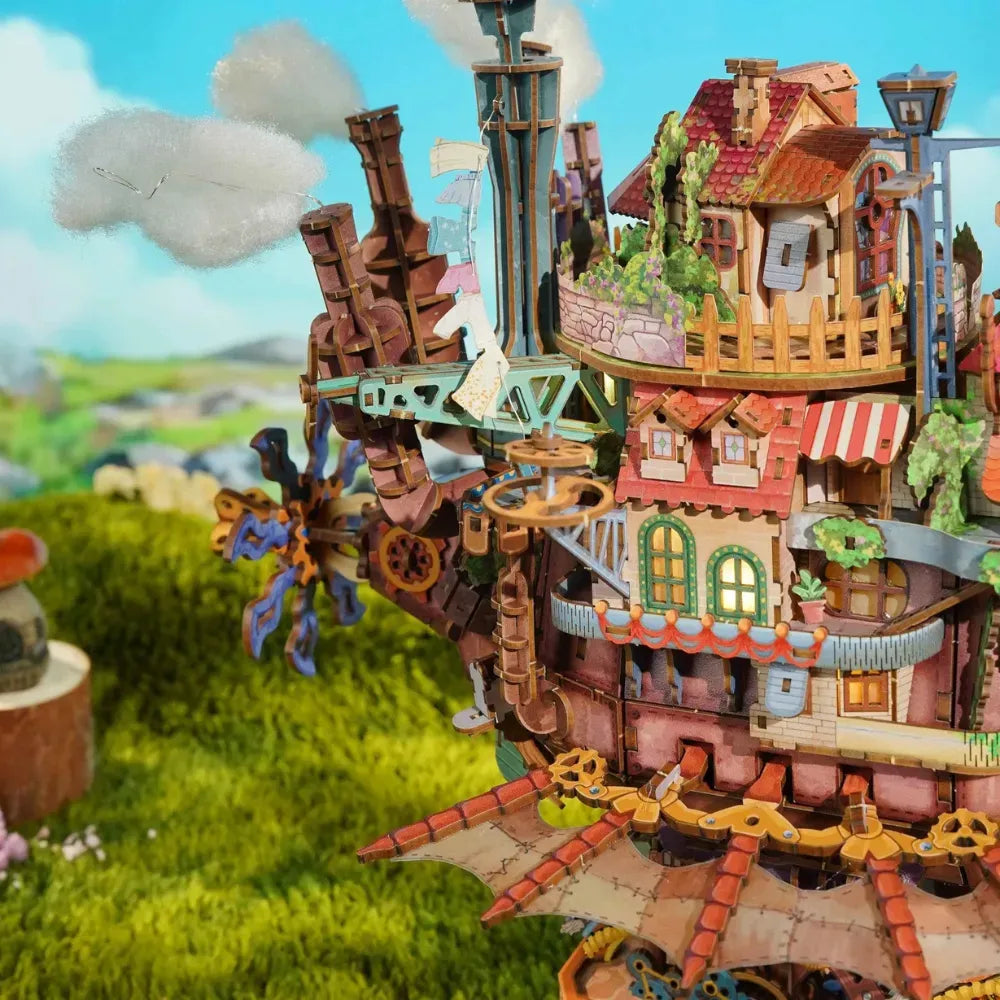 Walking Castle 3D Mechanical Wooden Puzzle Kit with LED Light & Music Box