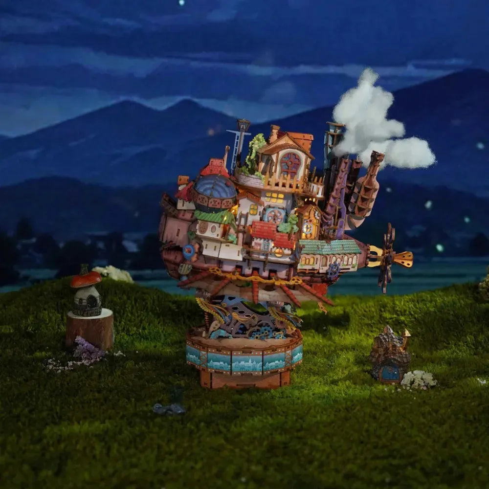Walking Castle 3D Mechanical Wooden Puzzle Kit with LED Light & Music Box